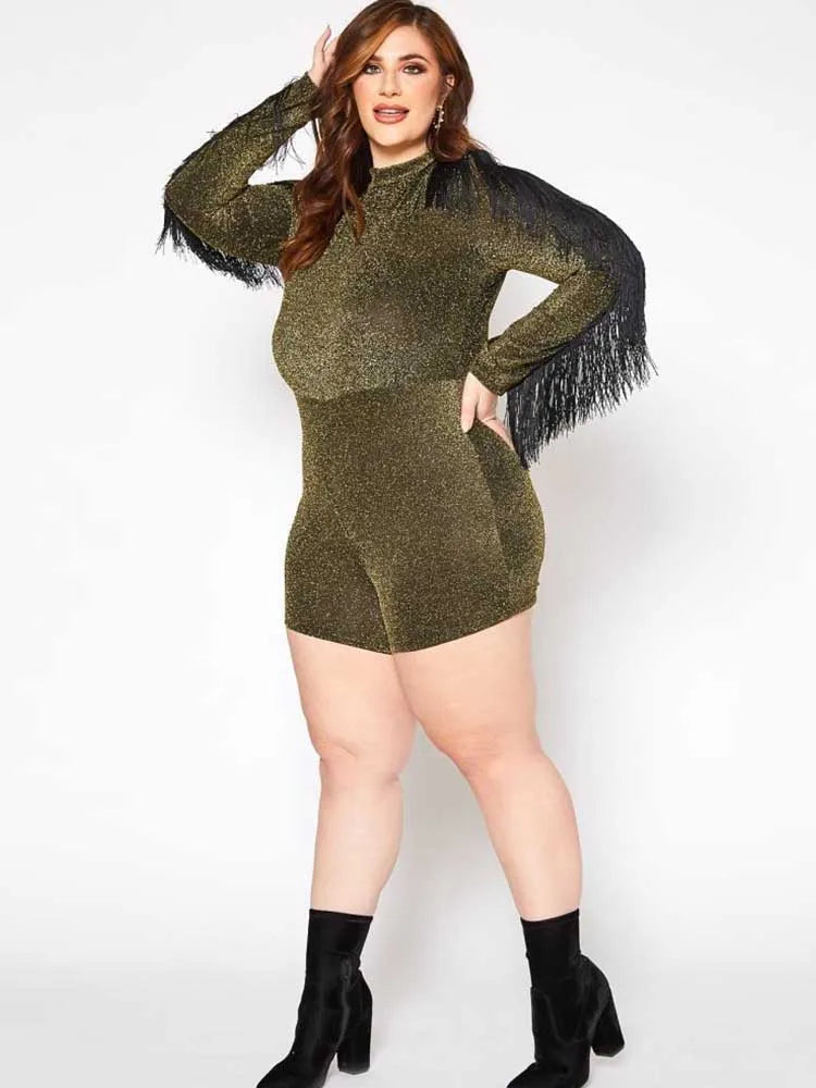 Maxy Plus Size Women Jumpsuits Fall Jumpsuit Long Elegant Party One Piece Outfits Tassel Shine Jumpsuit Ladies Romper Shorts Stretchy
