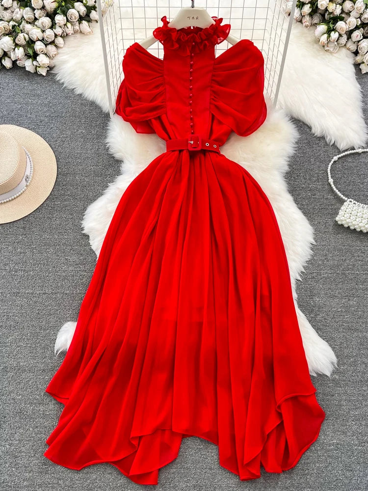 Amay Summer Women Red/Purple/Blue/Yellow Stand Collar Hollow Out Off Shoulder Chiffon Party Dress Vintage Short Sleeve Irregular Robe