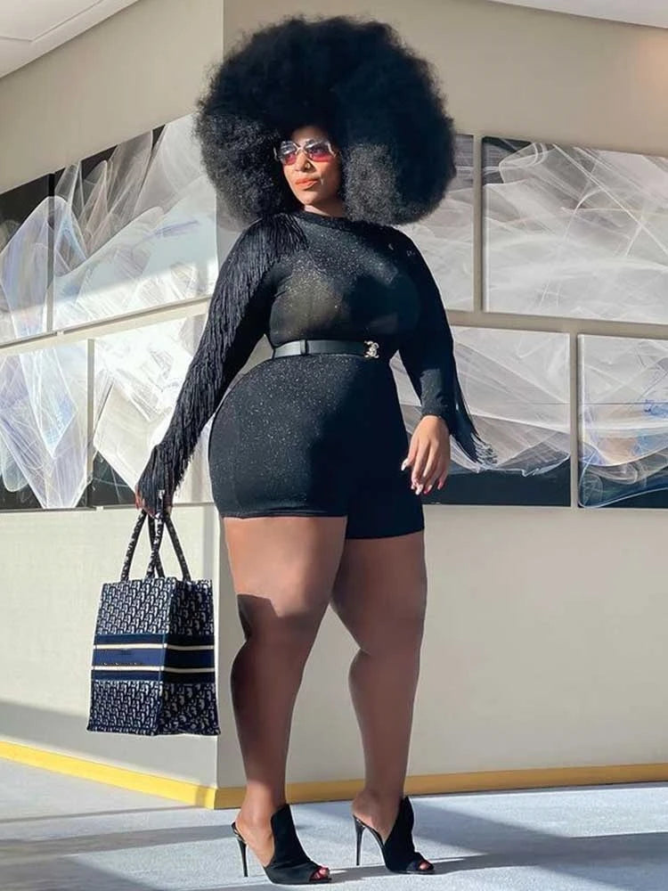 Maxy Plus Size Women Jumpsuits Fall Jumpsuit Long Elegant Party One Piece Outfits Tassel Shine Jumpsuit Ladies Romper Shorts Stretchy