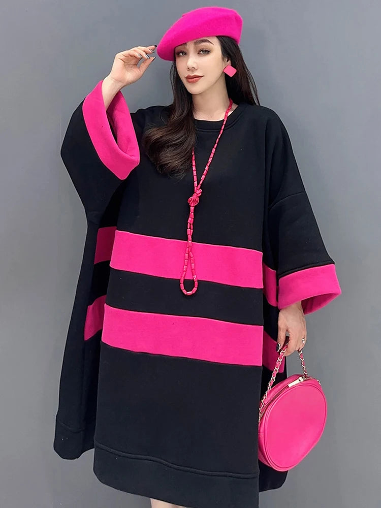 Maxy Contrast Color Loose Sweatshirt For Women Spring New Chic O-neck Full Sleeve Casual Pullover Tops Female 5R8755