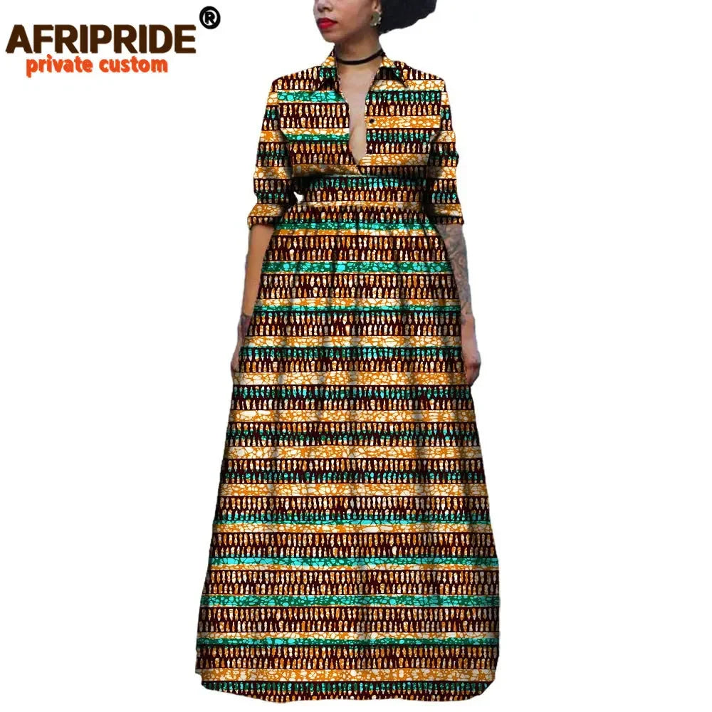 Maxy African Long Dresses for Women Half Sleeve Ankle-length Notched Collar Party Dress Print Ankara AFRIPRIDE A1825075