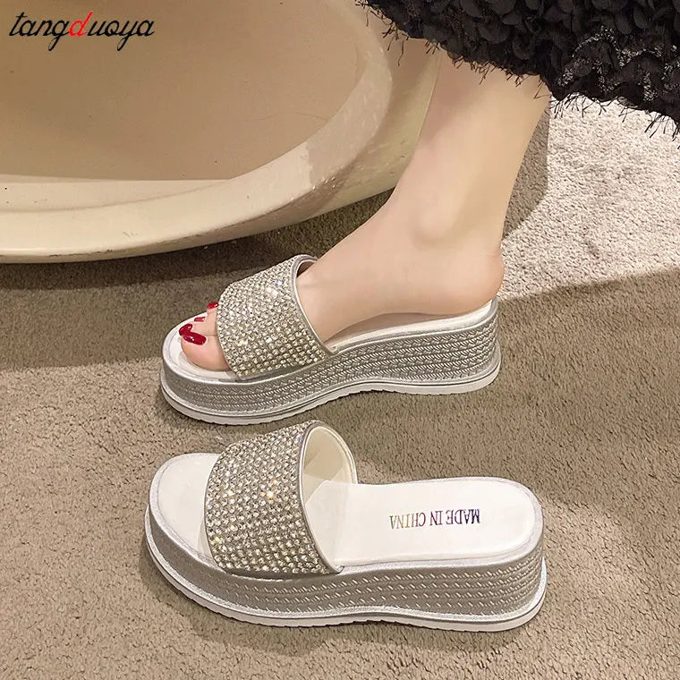 Babs rhinestone slippers Sequined High-heeled One-word Slippers Women Summer Outer Wear Platform Beach Comfort Sandals slippers women