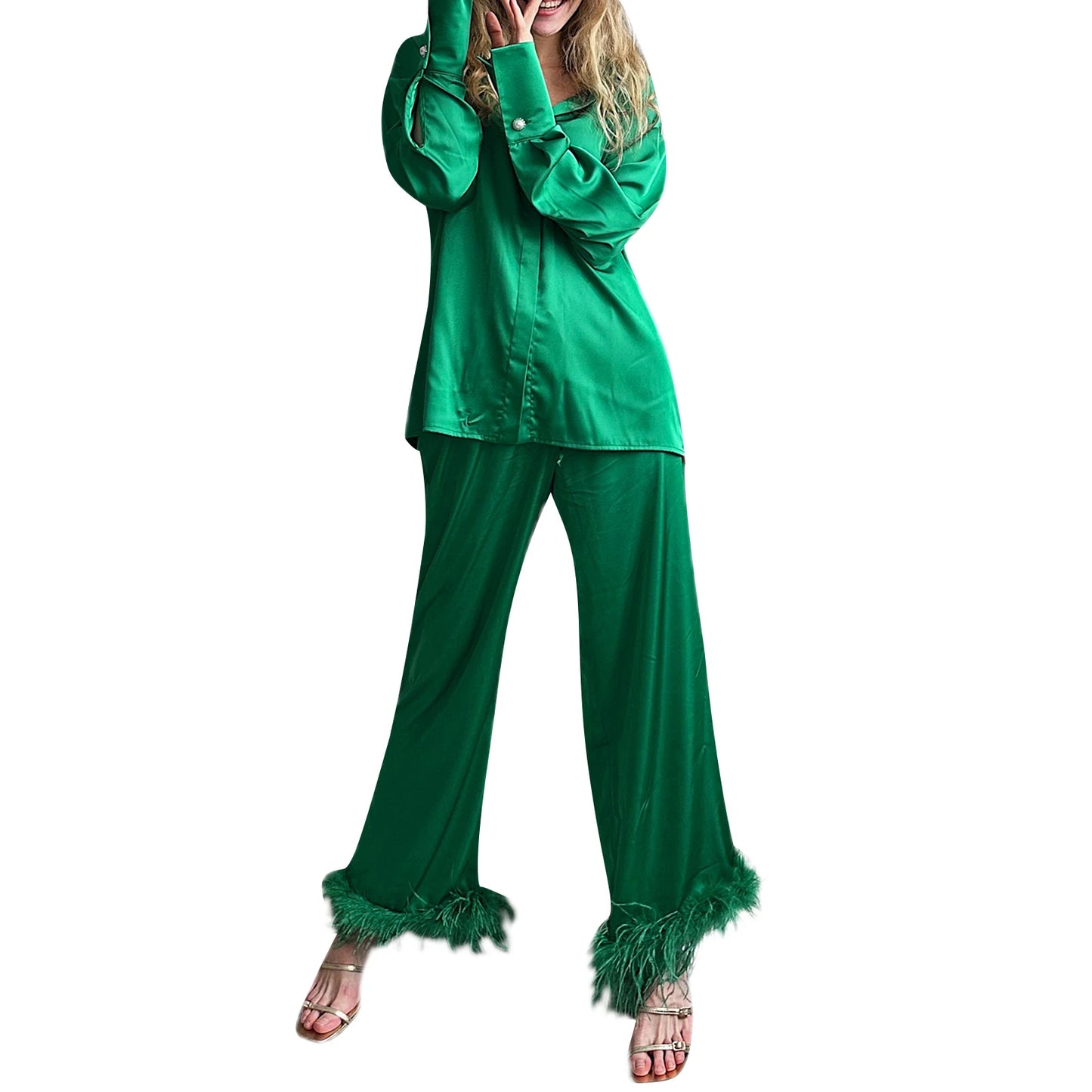 Women 2 Piece Pajamas Set Button Long Sleeves Shirt and Feather Cuff Elastic Pants for Loungewear Soft Sleepwear