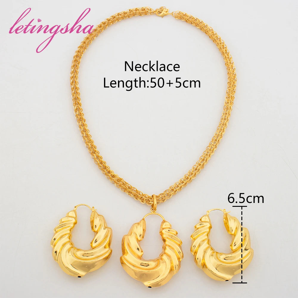 Maxy Luxury Gold Color Earrings Ins TK Hot Sale Long Necklace Chain Set Fashion Jewelry Wedding Party Anniversary Gift