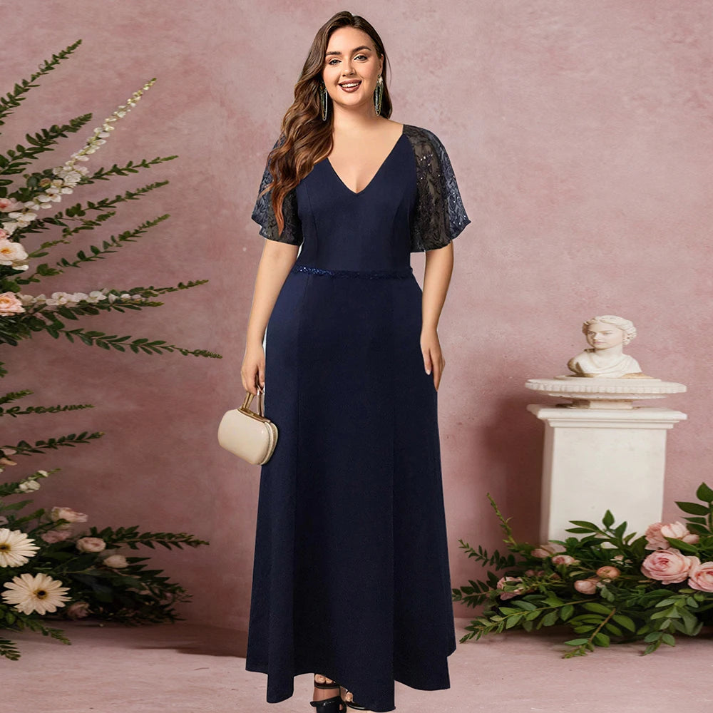 Amay Satin Spliced Lace Elegant Plus Size Women Dress Mesh Short Sleeve Summer Female Maxi Dress V-Neck Evening Long Dresses