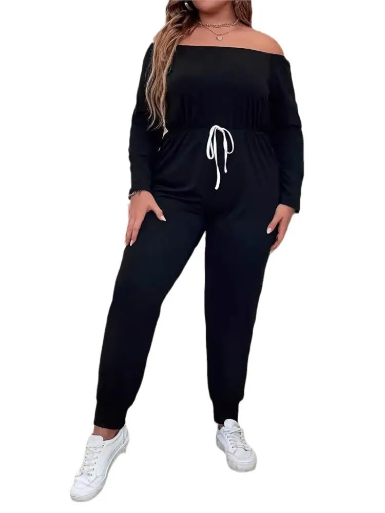 Babs Plus Size Summer Elastic High Waist Jumpsuit Women Off Shoulder Fashion Ladies Jumpsuits Loose Long Sleeve Woman Jumpsuit