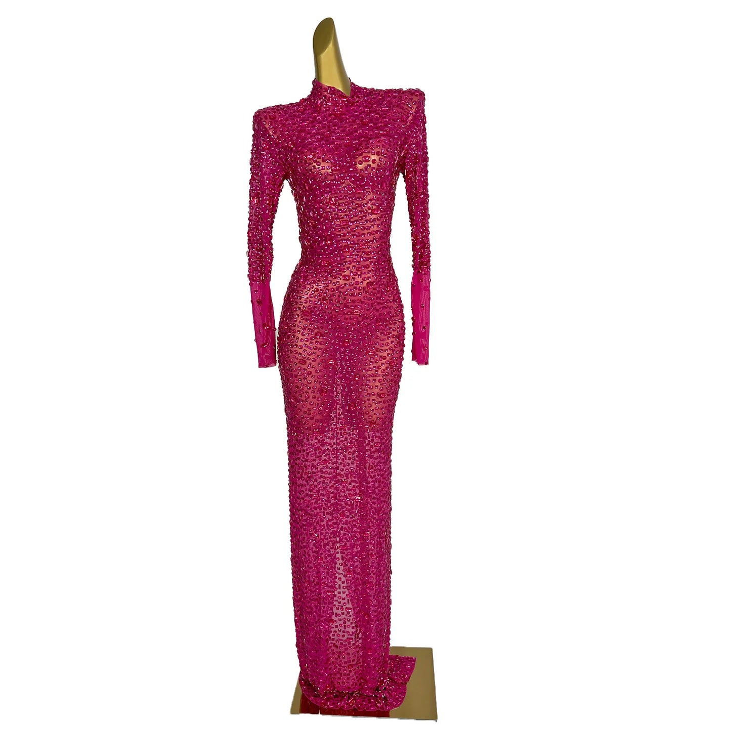 Maxy Red Diamonds Dress See Through Long Sleeve Evening Dress Festival Clothing Rhinestone Prom Gowns  Special Occasion Dress Gesebei