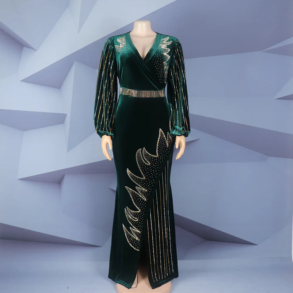 Plus Size African Women Velvet Diamonds Bodycon Marmaid Dress Dubai Kaftan Muslim Dresses Africa Ankara Dashiki Party Gown Robe