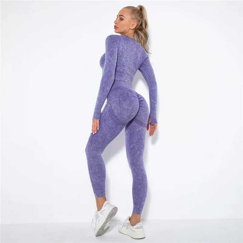 Seamless Sports Suits Women O-neck Crop Tops Long Sleeve Push Up Leggings Sets Gym Wear Summer Two Pieces Sets Tracksuit Feamle