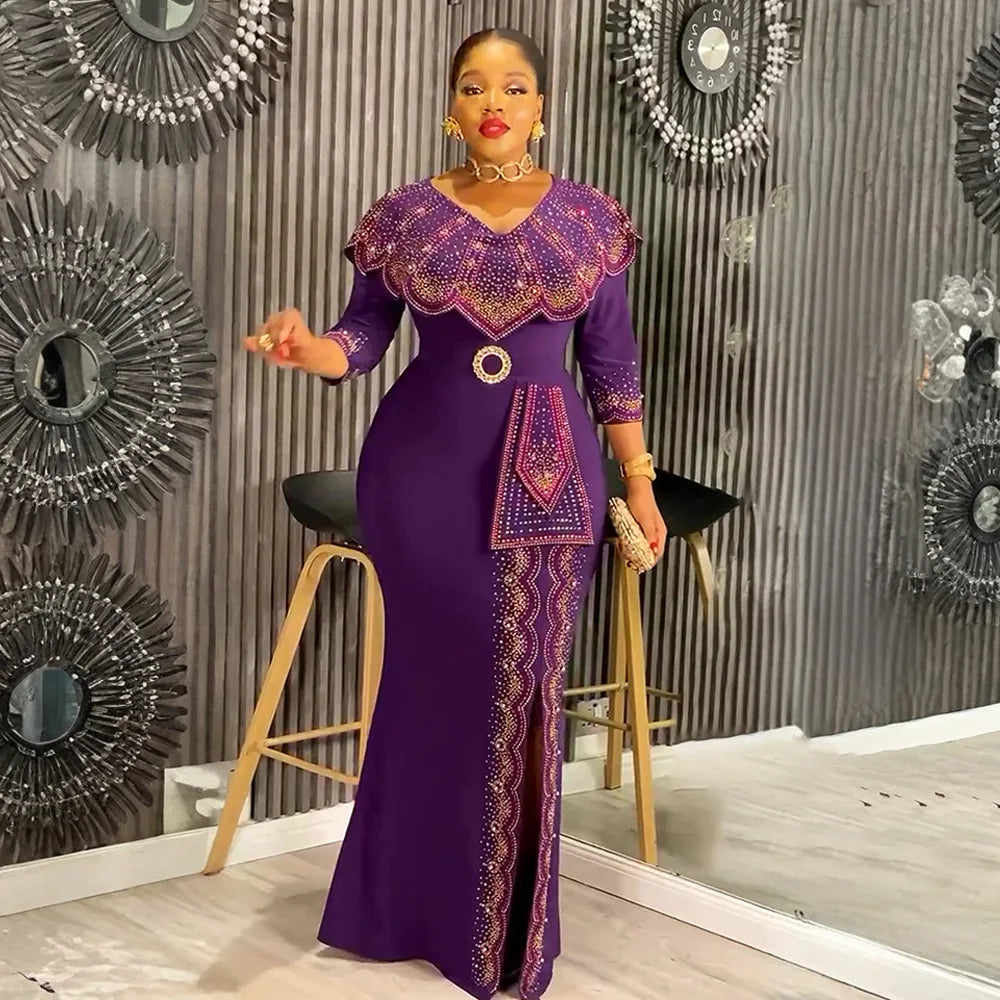 Amay Plus Size Party Dresses for Women Dashiki Diamond Bodycon Long Dress Elegant Muslim Wedding Evening Gowns Outfits