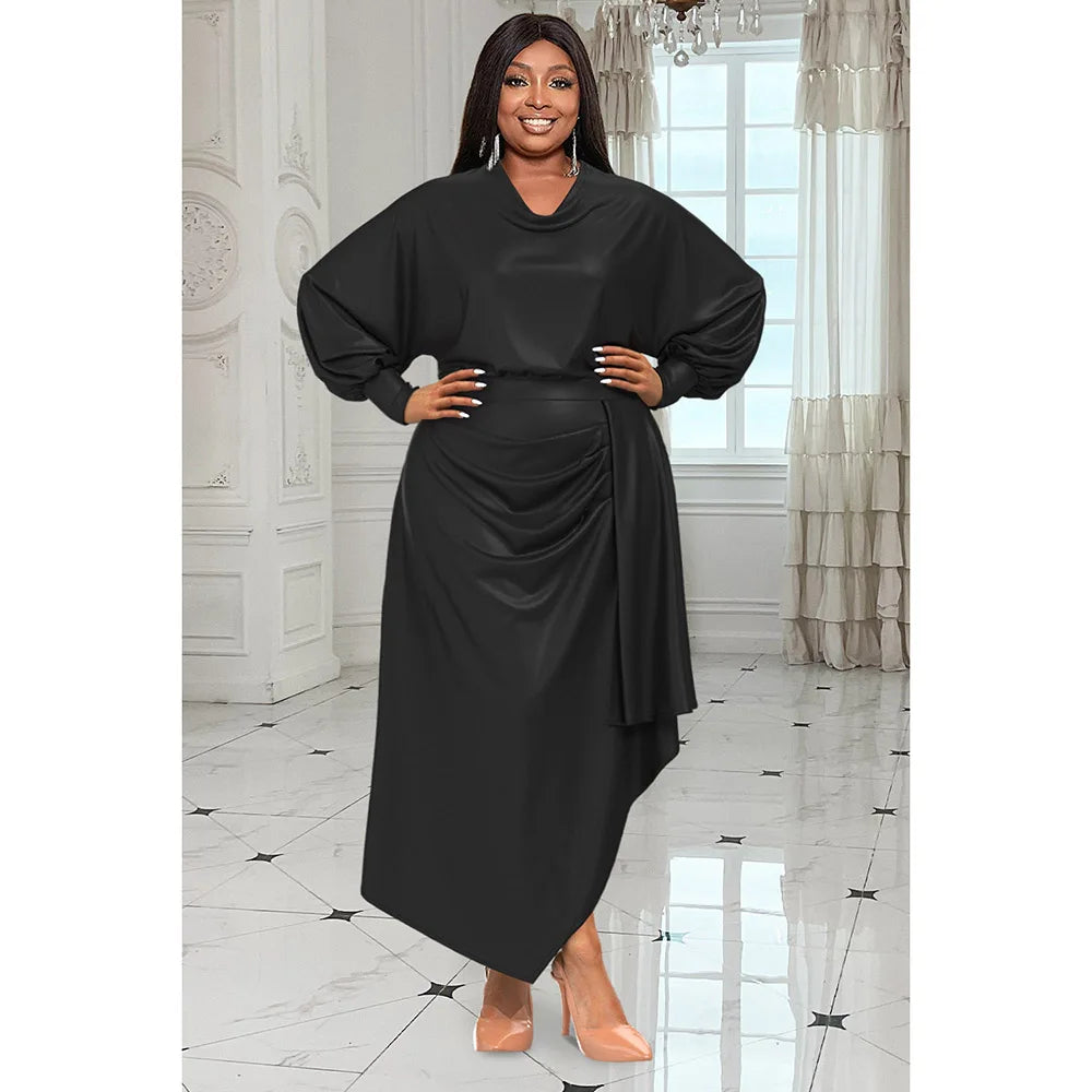 Maxy Plus Size Women's Everyday Dress Brown V Neck Long Sleeve Irregular Spring and Summer Satin Cinched Waist Maxy Dress