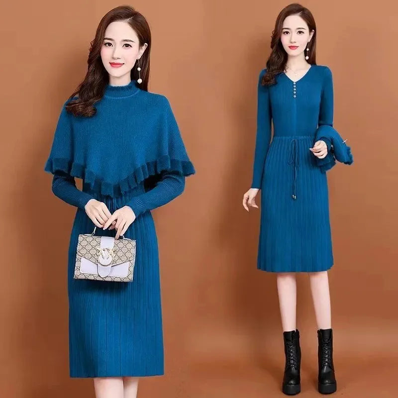 Maxy New Fashion Autumn Winter Women Long Sweater Dress Pullovers Warm Knitted Pullover Dresses + Sweaters Vest Two Pieces Set