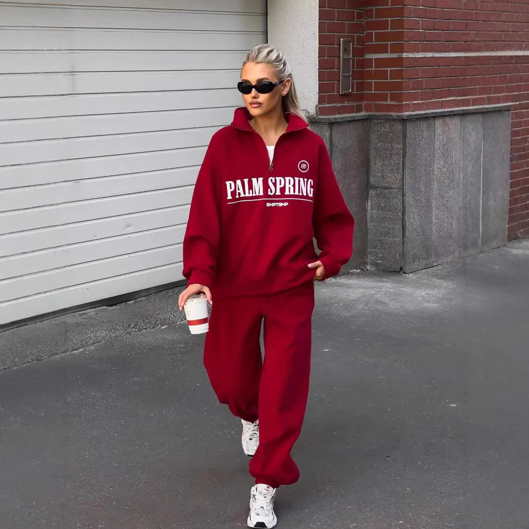 Maxy Letter Print Half Zipper Sweatshirt And Jogger Trouser Two Piece Set High Collar Pullover Tops + Long Trouser Female Outfits