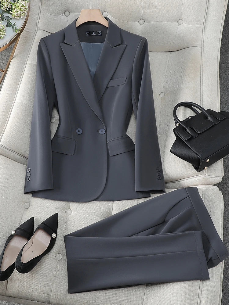 Maxy Blue Gray Black Solid  Women Pant Suit Office Ladies Female Business Work Wear 2 Piece Set Formal Blazer Jacket And Trouser