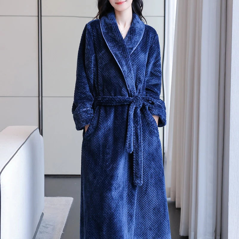 Maxy Autumn Winter Flannel Women Long Robe Nightgown Thicken Warm Bathrobe Sleepwear Loose Casual Coral Fleece Home Dress Lounge Wear