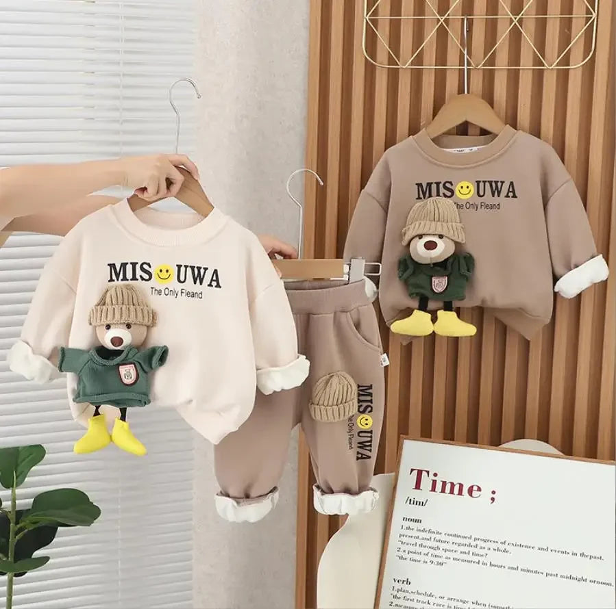 Maxy Autumn Winter Baby Outfits for Toddler Boys Girls Cartoon Bear Fleece Pullover Sweatshirt+Pants Christmas Infant Clothes Set