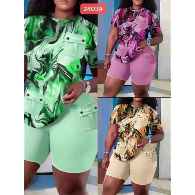 Maxy Two Piece Sets Women Short Pant Set Print Round Neck Casual Tops Sheath High Waist Shorts Pants Casual Slim Fit Summer