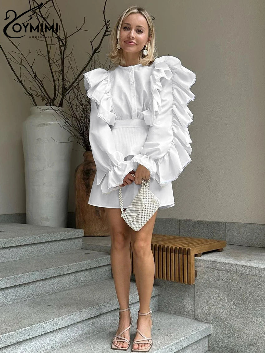 Maxy Fashion Loose White Cotton 2 Piece Sets Women Outfit Elegant Ruffle Long Sleeve Girdle Single Breasted Mini Dress Set
