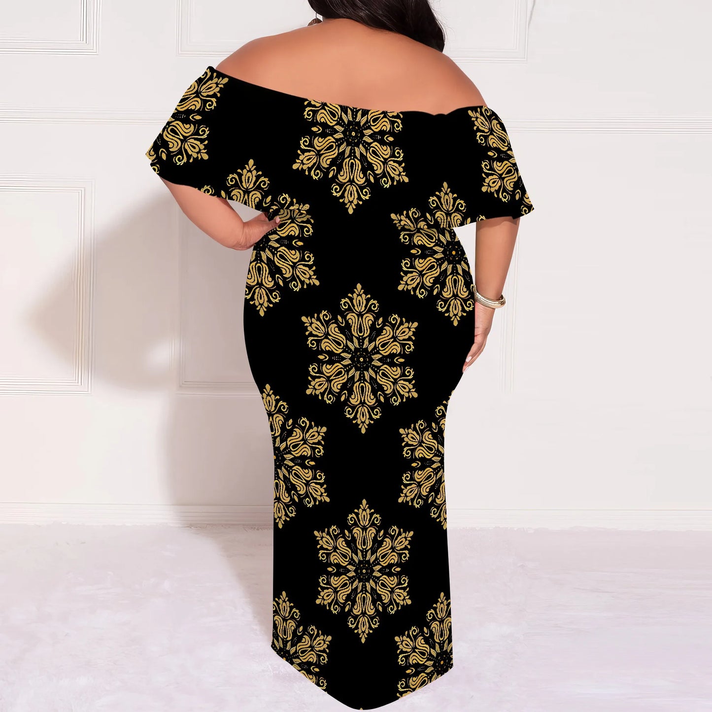 Amay Plus Size Elegant Off Shoulder Dress for Women African Inspired Pattern Long Evening Gown