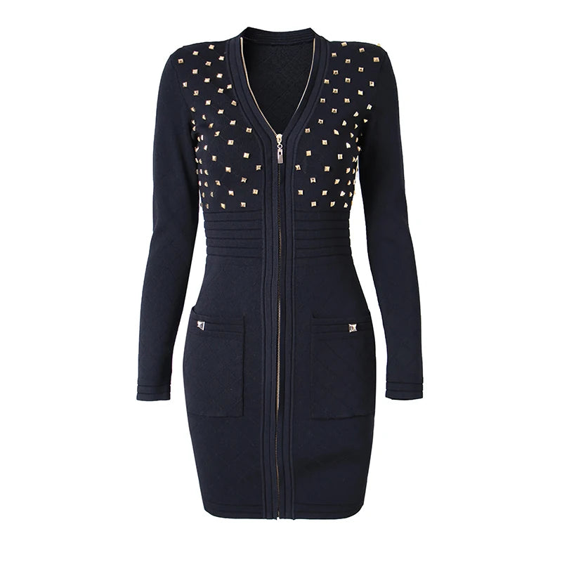 Amay Stunning Plaid Knit Mini Dress with Diamonds Pattern Zipper and Metal Studs Fresh Green Color High Street Women Clothing