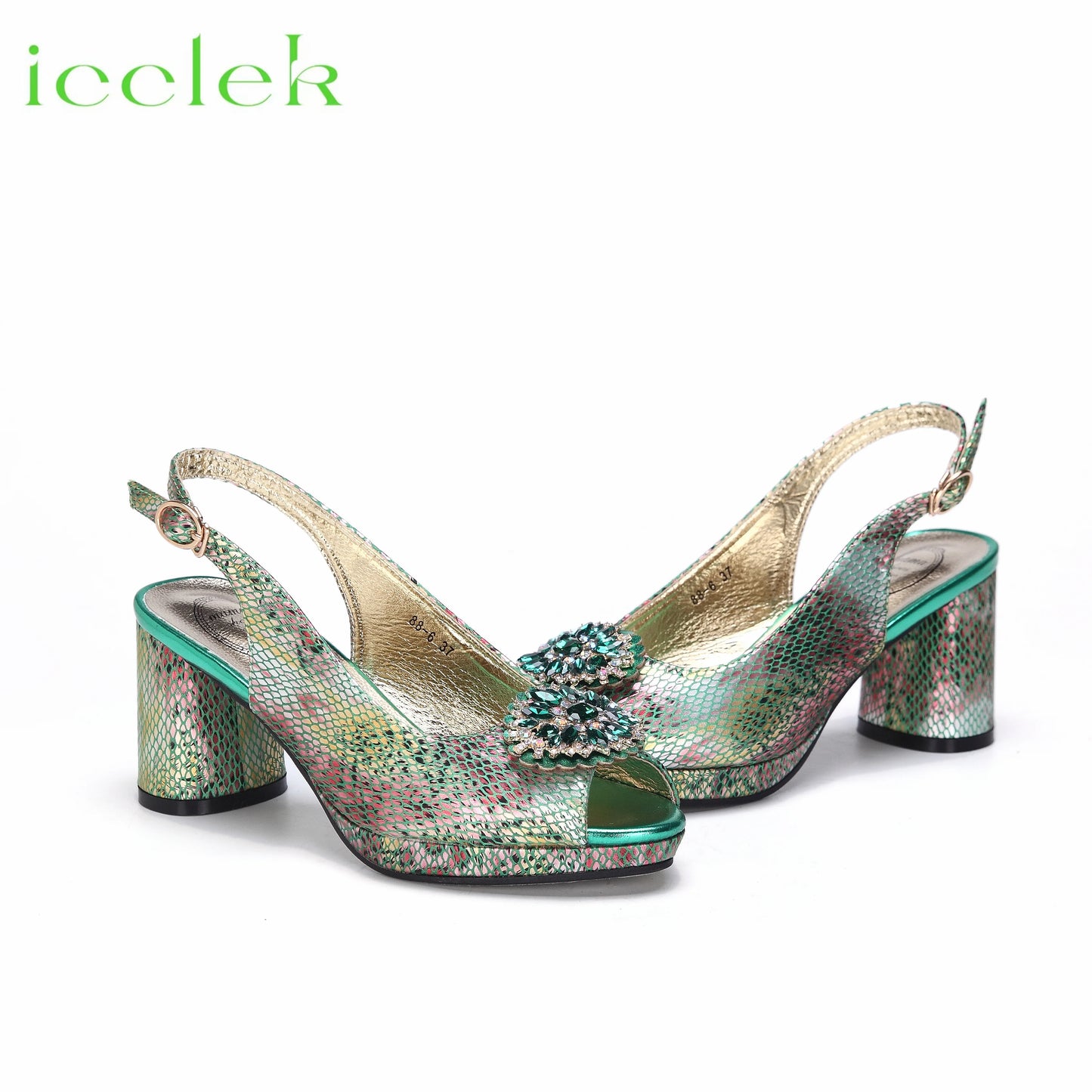 Babs High Quality Peep Toe Snake Pattern Special Design Ladies Party Shoes Matching Bag Set in Green Color