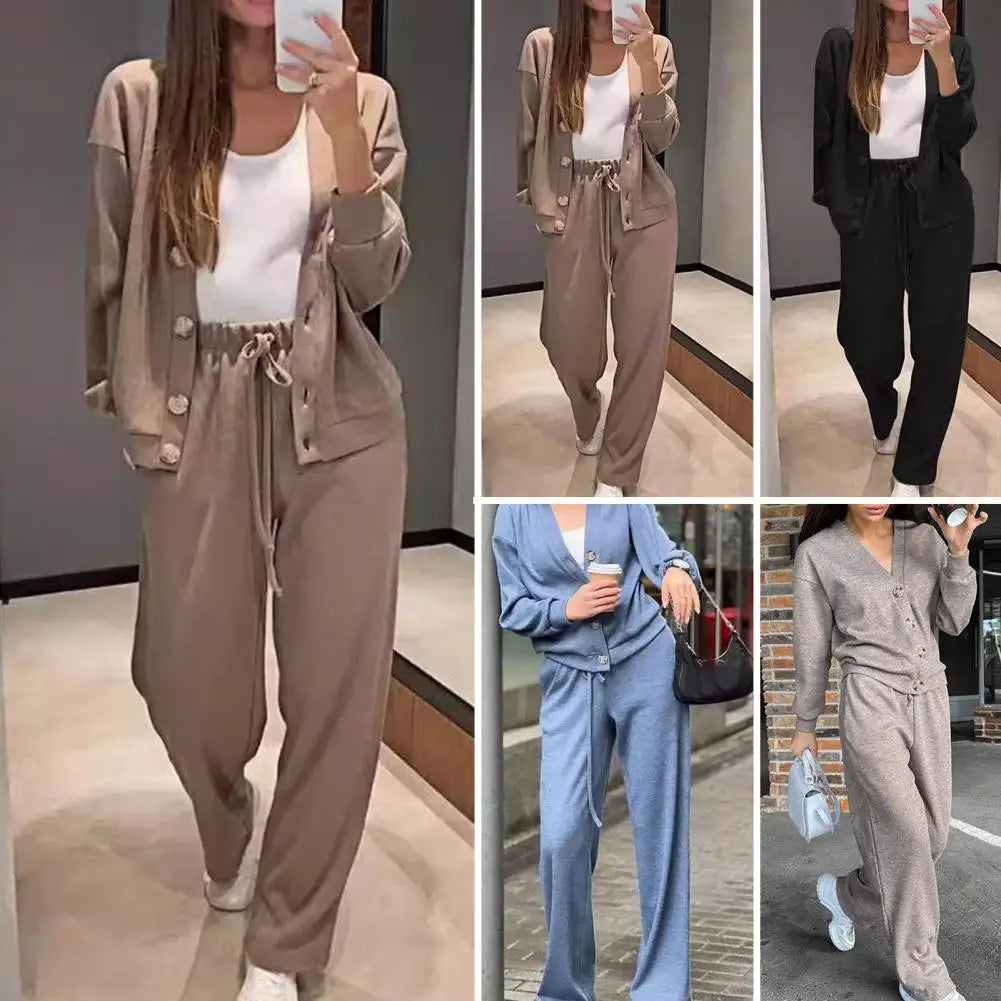 Maxy Elastic Waist Tracksuit Women Casual Two-piece Set Women's V Neck Knitted Shirt Wide Leg Trousers Set Long Sleeves for Casual