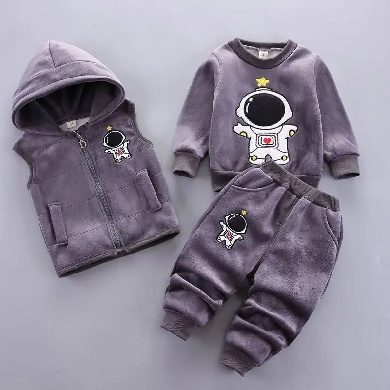 Maxy 2024 New Baby Boys Girls Christmas Cartoon Winter Hooded Plush Warm Vest Coat+Sweatshirt+Pants 3Pcs Infant Children Sports Suit