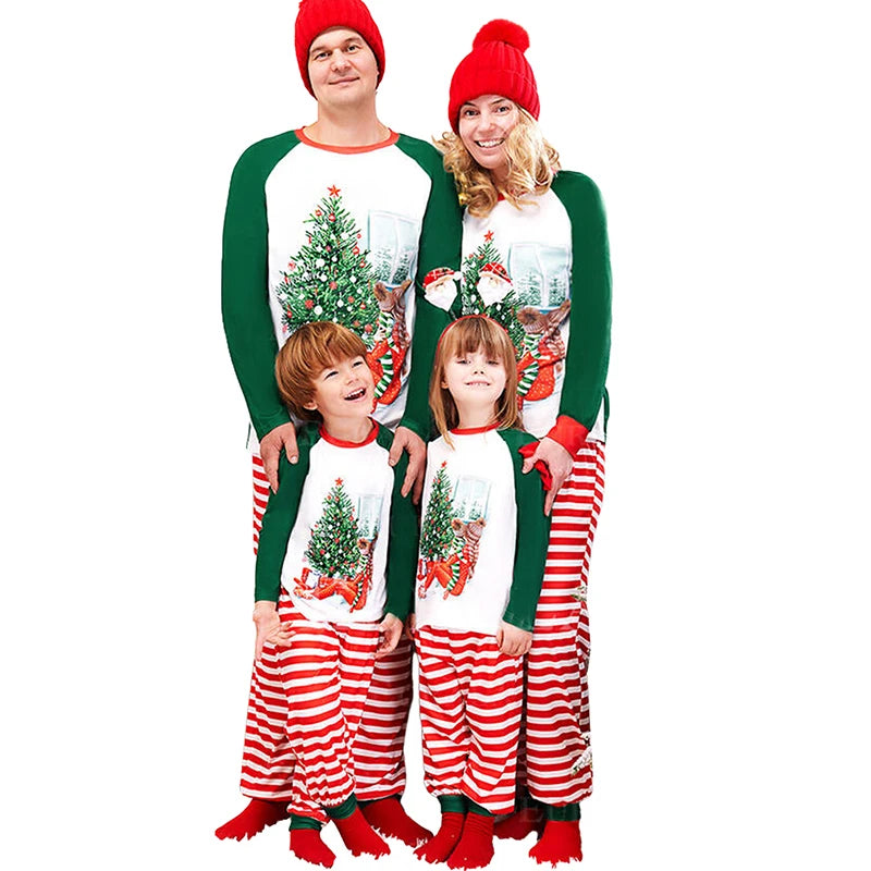 Family Pajamas Matching Outfits Set Christmas Tree Print Long Sleeve Tops and Elastic Striped Pants Loungewear Soft Sleepwear