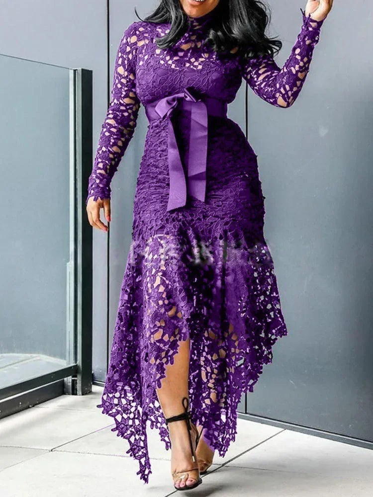 Amay Hollow Out Urban Dance Belly Latin Women Lace Irregular Dress Models Jazz Costume Long Sleeves Kpop Stage Stand Collar Vestidos
