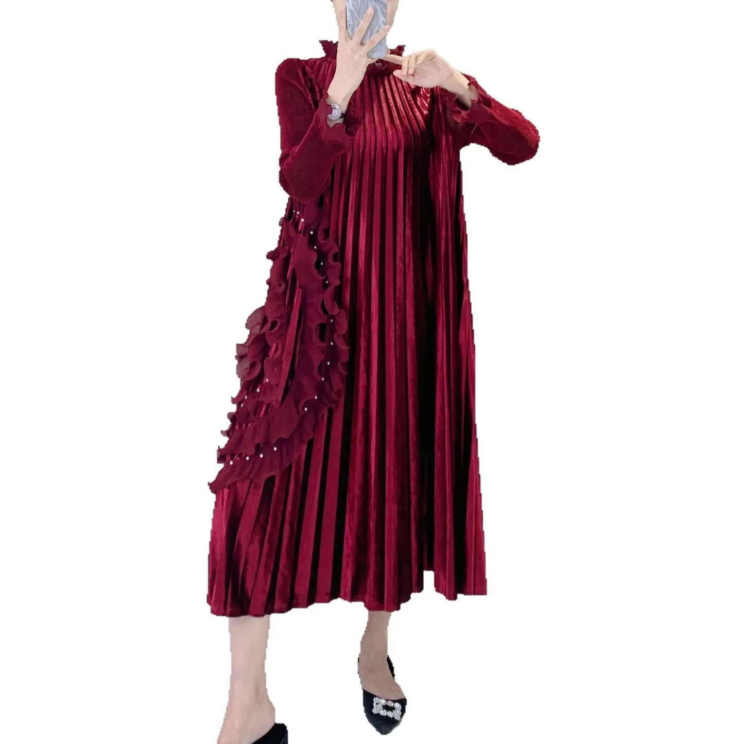 Maxy Light Luxury Velvet Dress Banquet High-end Loose Heavy Industry Beads To Cover The Meat and Show Thinness Ong Dress