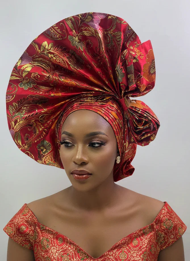 Maxy Head tie Gold Sego Head Wrap Handmade Luxury African Gele Turban, Women’s Party Wedding Head Wear