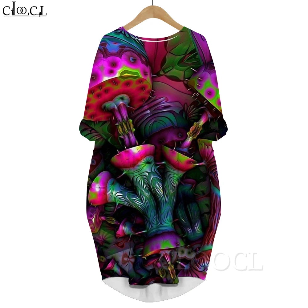 Macy Long Sleeves Dress Abstract Butterfly Graphics 3D Printed Party Dress with Pocket Mid-length Dress Oversized