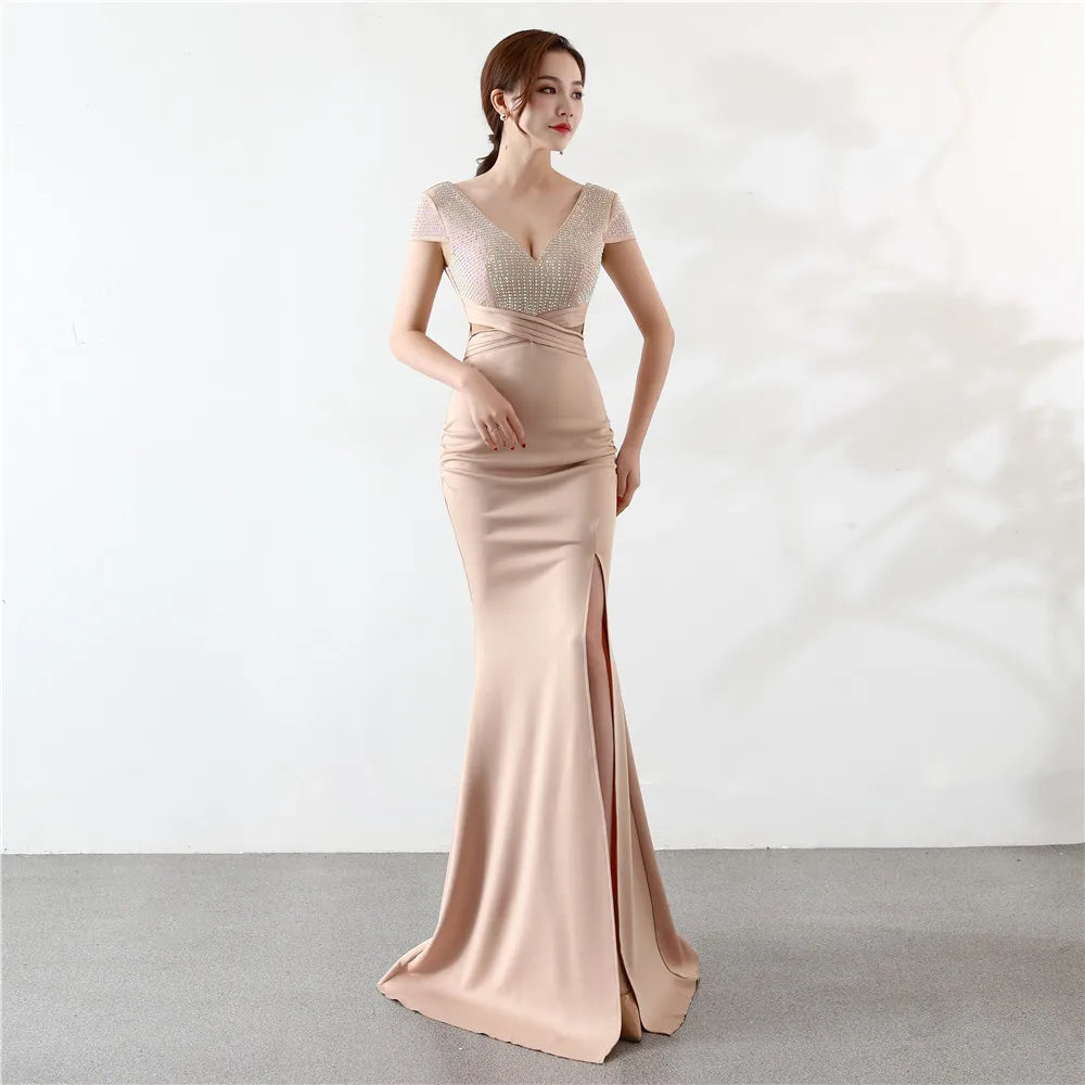 Maxy Customized Cap Sleeve V Neck Cross Waist Side Slit Backless Dress Cocktail Party Evening Gowns For Women