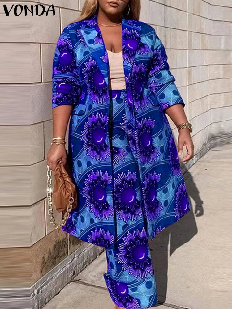 Maxy Plus Size Women Sets Two Piece Holiday Bohemian Printing Elegant Long Sleeve Outfits Fashion Casual Simple 2pc Suits