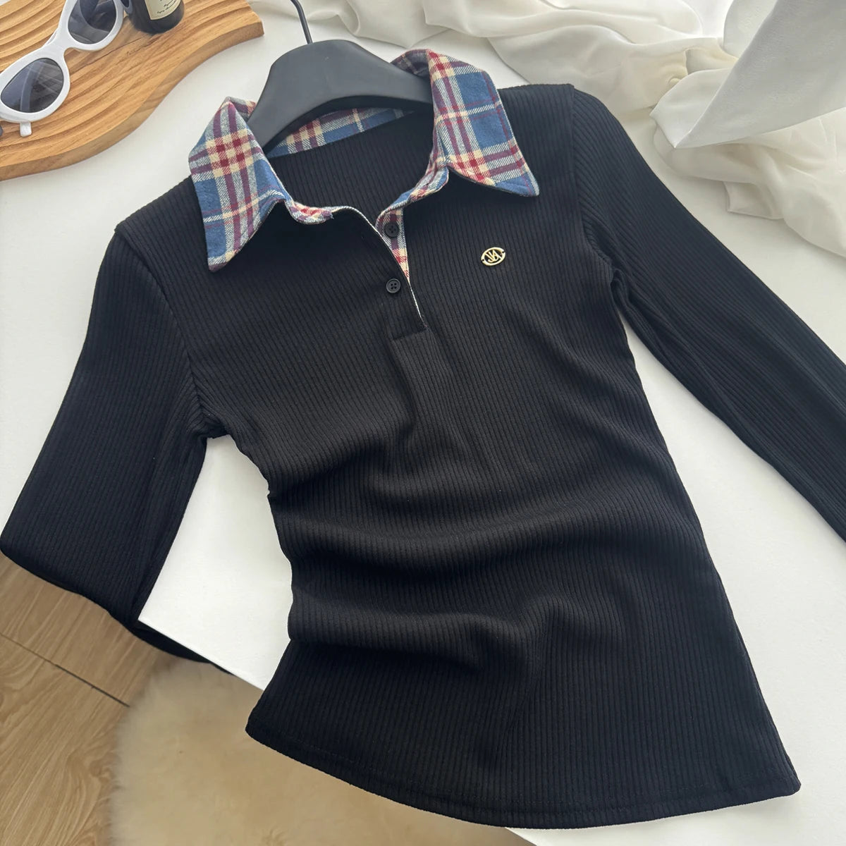 Maxy Autumn Women Old Money Vintage Y2k Fake Two Pieces T-Shirts Long Sleeve Polo Collar Tees Chic Top 2000s Aesthetic Grunge Tide
