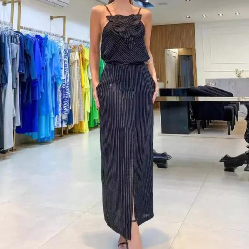 Maxy Skirt Set Women Dress Sets Two Piece Sets Slim Sling Sleeveless Floral Casual Short Tops Mid Length Skirts Elegant Splice Summer