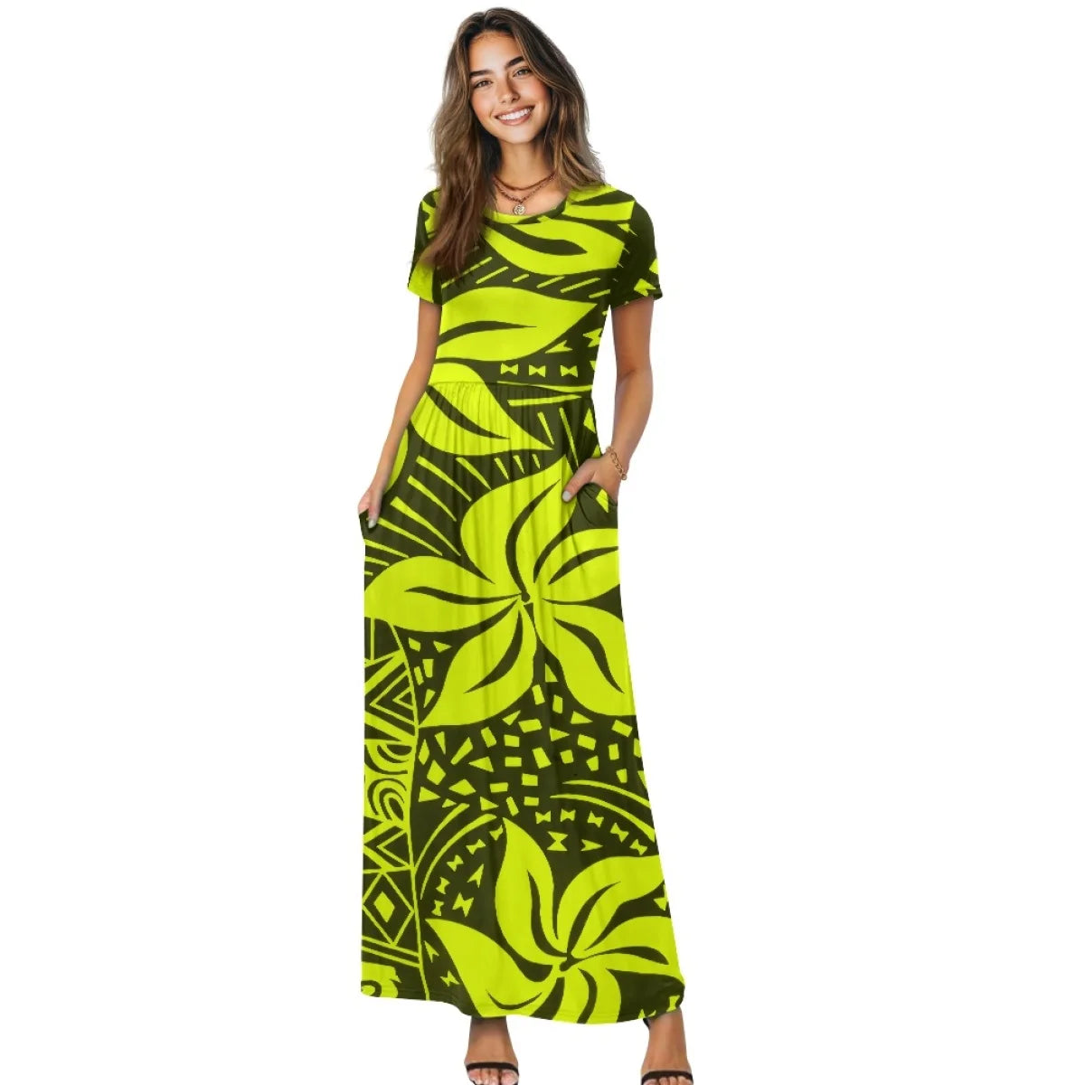 Maxy New Plumeria Style Short Sleeve Pleated Casual Dress Polynesian Loose Pocket Long Dress Women's Casual Comfortable