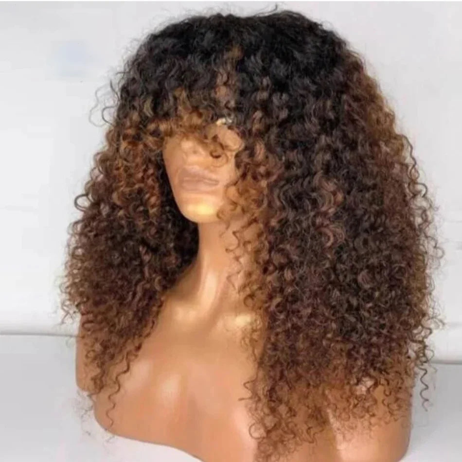 Amay Soft Ombre Honey Blonde 180 Density 26“ Long Kinky Curly Machine Wig With Bangs For Black Women Glueless High Temperature Daily