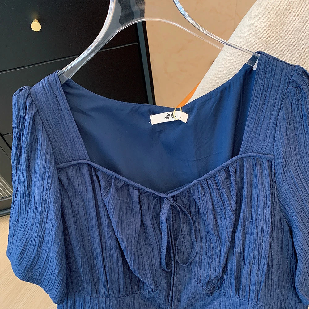 Maxy Plus Size Blue Pleated Short Sleeve Dress 2024 Summer New Simple Casual Loose Holiday Party Medium length dresses for woman