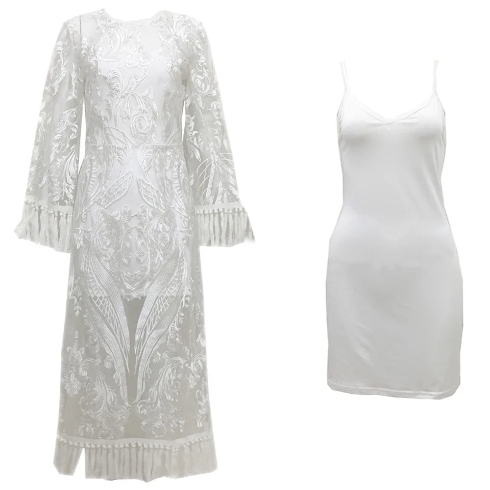 Maxy Summer Lace Embroidered Dress Women's Banquet Party Evening Dress Elegant Fringe Flared Sleeve Dress Women's Two Piece