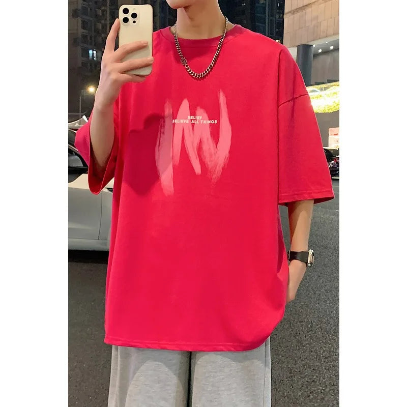 Visco 4 Colors! Summer High Quality Hong Kong Style Versatile Soft Shoulder Drop Print Loose Short Sleeved T-shirt for Men