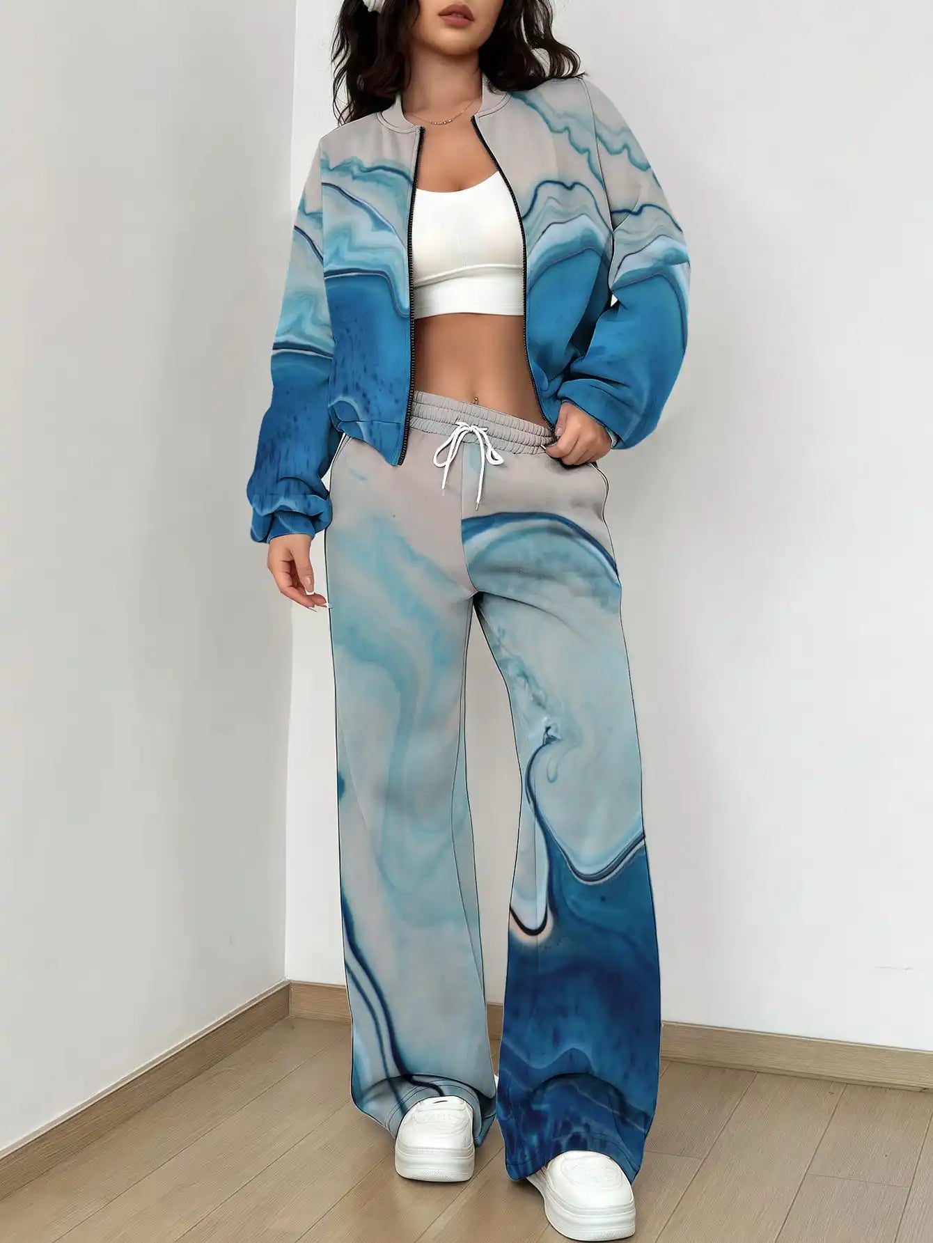 Maxy French Retro Floral Long Sleeved Zipper Jacket and Pants Set, Gentle and Stylish Two-piece Set