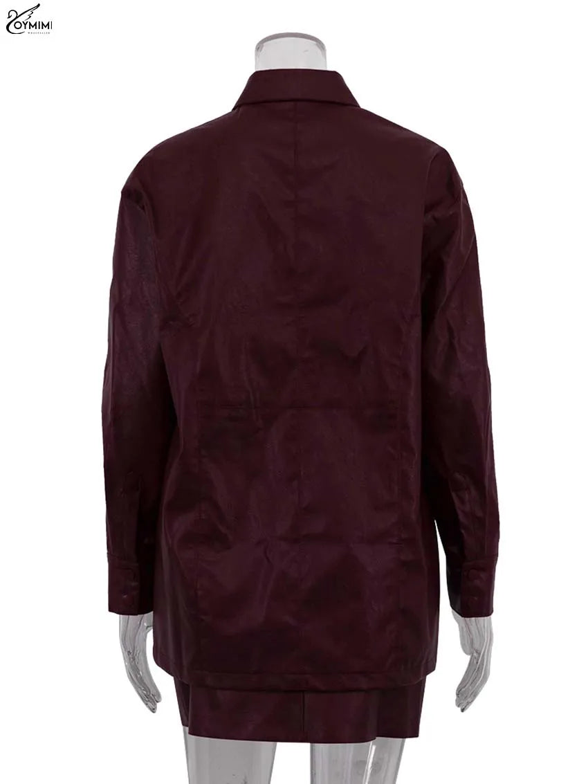 Maxy Ommi Fashion Wine Red Pu Leather Women's Two Pieces Set Elegant Long Sleeve Button Shirts And Spaghetti Strap Mini Dress Sets