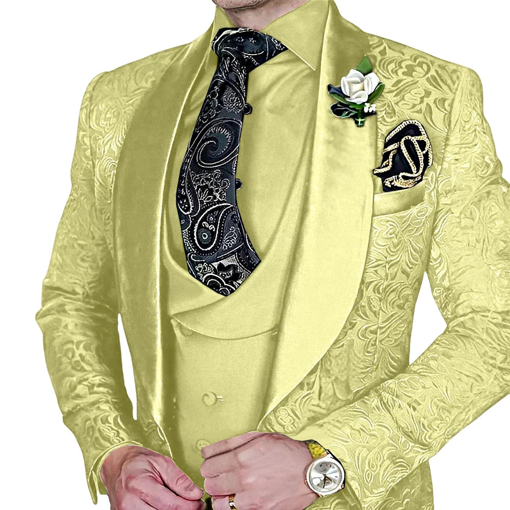 Amay Fashionable Paisley Men's 3-piece Suit Set, Jacquard One Button Blazer, Vest Pants Formal Wedding Party Suits for Men
