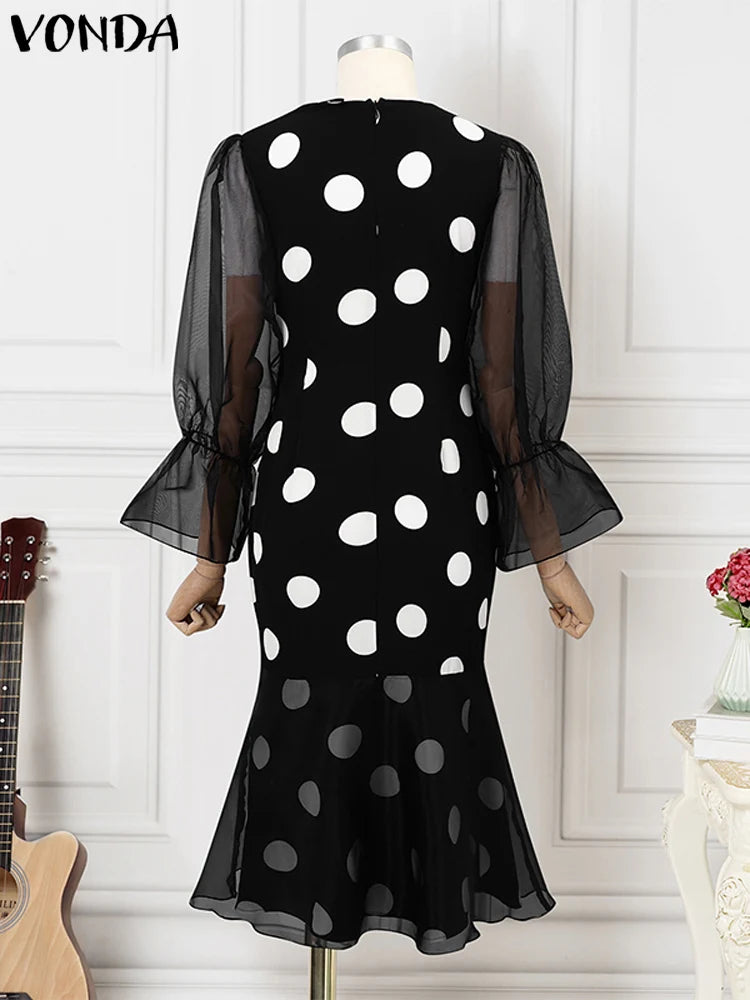 Maxy Plus Size Women Elegant Lace Patchwork Dress Casual Long Sleeve Robe O-neck Polka Dots Bohemian Well Fitting Midi dress