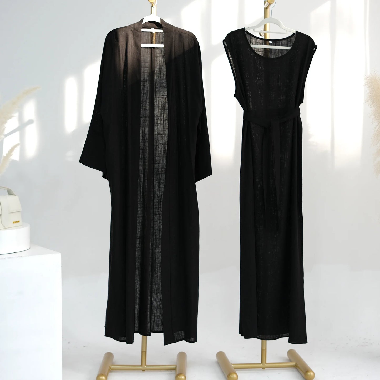 Maxy 2pcs Open Abaya Muslim Women Kimono Inner Dress Set Turkey Islamic Arab Robe Dubai Caftan Jalabiya Eid Ramadan Outfits Gown