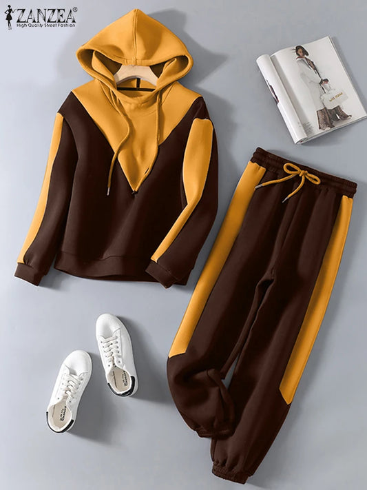Amay Women Two Piece Sets Casual Colorblock Long Sleeve Autumn Tracksuit Chic Drawstring Hoodie Pants Set Sporty Outfits