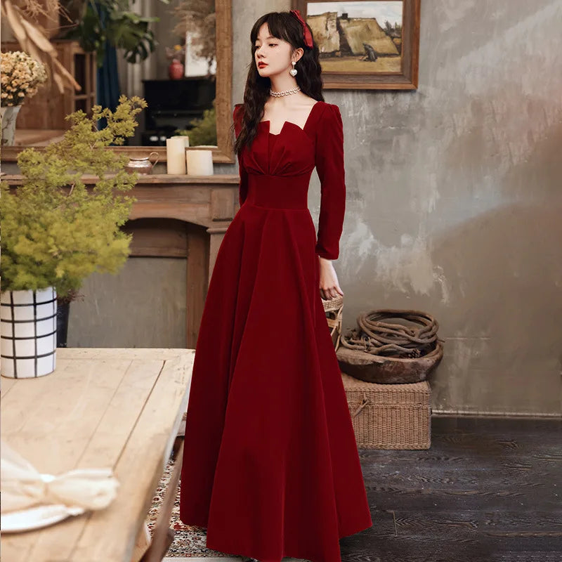 Babs Elegant Long sleeved Office Dress Wine Red Autumn Square Collar A-line Long Skirt Formal Party Wedding Bridesmaid Ball Dress