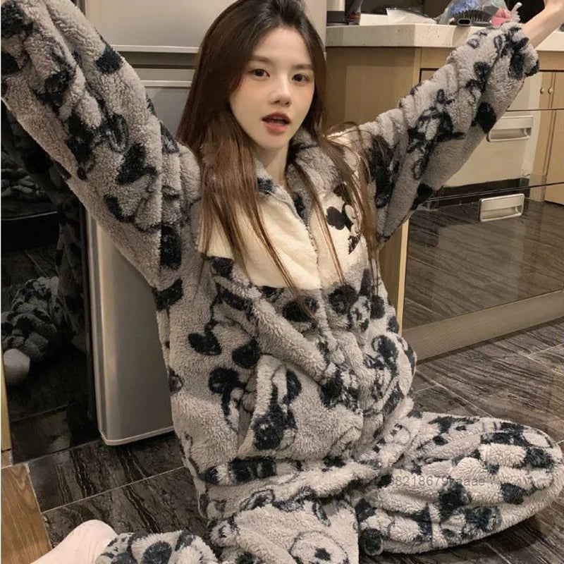 Maxy Disney Mickey Mouse Women's Autumn Winter Sleepwear Coral Fleece Thickened New Home Suit Set Korean Style Y2k Sweet Girl Pajamas