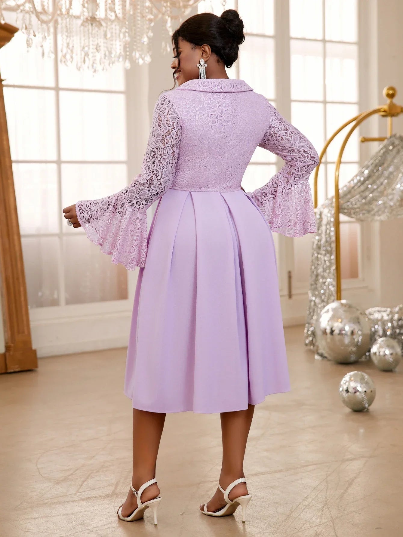 Babs Elegant Ball Evening Dress Women's Plus Size Purple Lace A-line Dress Irregular Collar Long Horn Sleeve Fold Dresses